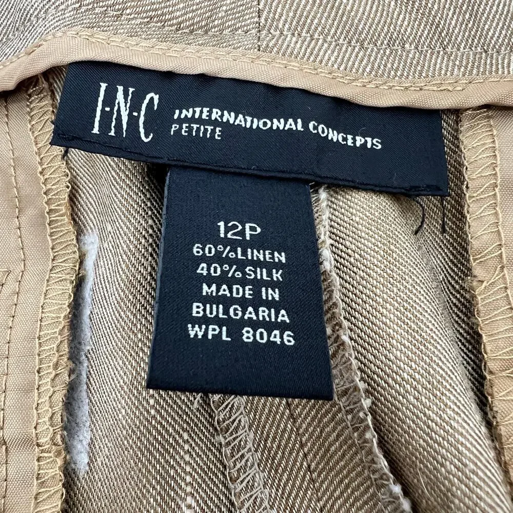 INC International Watermill Linen Silk Trouser Pants Womens 12 Petite Brown Wide - Picture 7 of 12